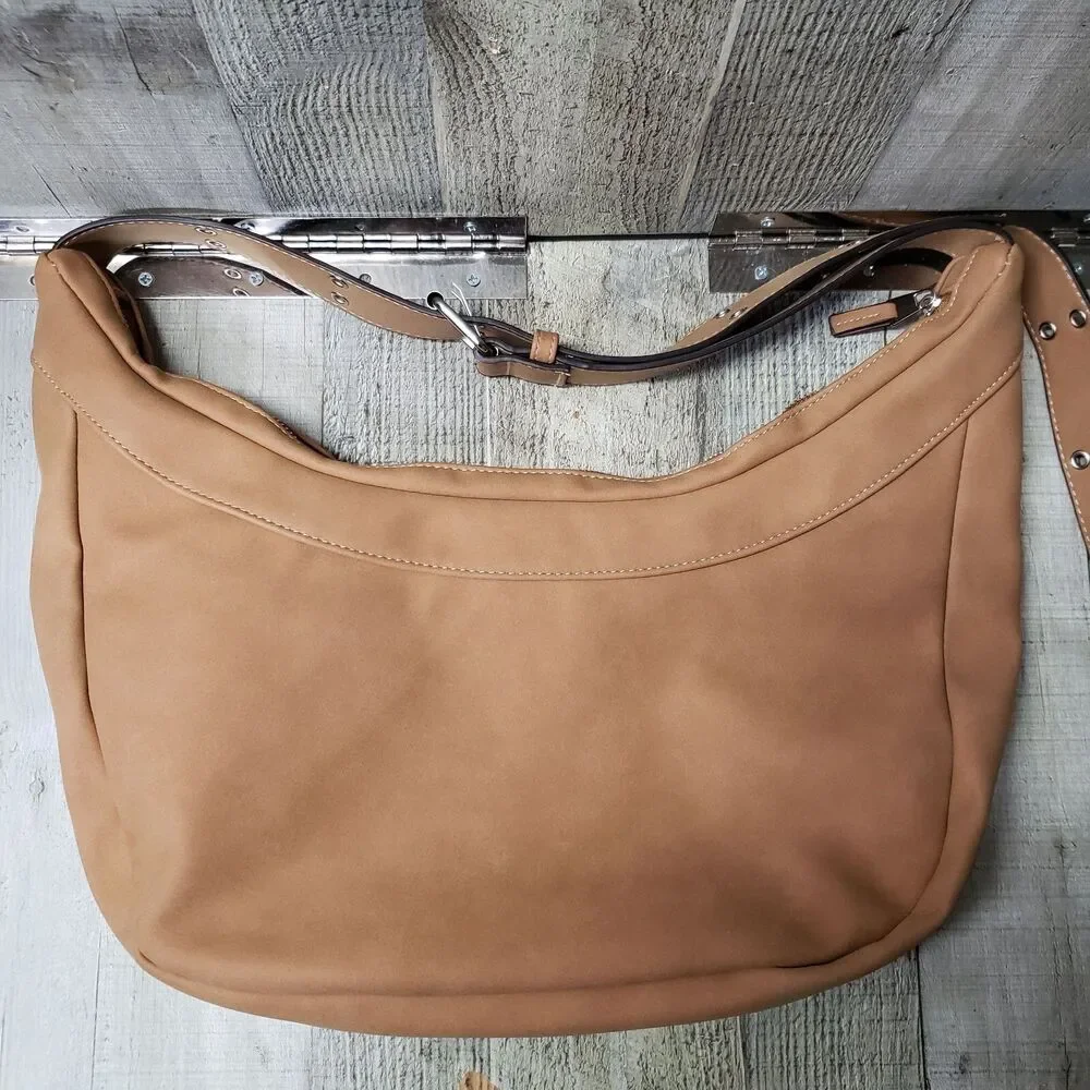 TRUE RELIGION Purse Bag Suede Hobo Crossbody Tan Adjustable Strap Zip Top NEW